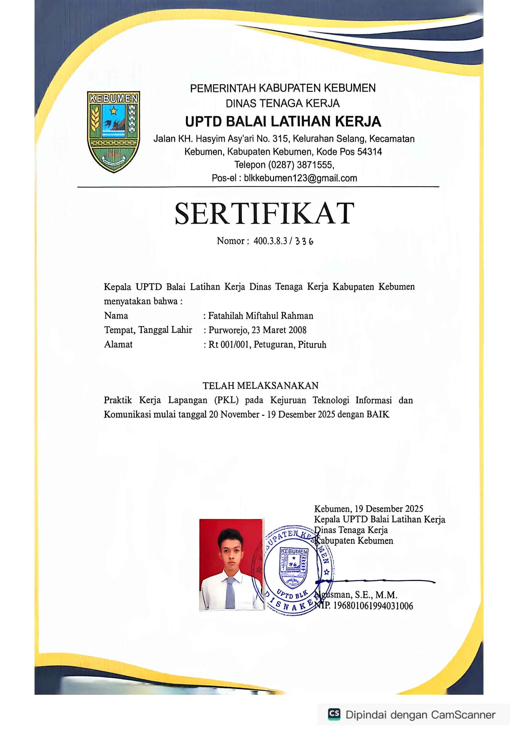 Sertifikat PKL UPTD BLK Kebumen - Depan